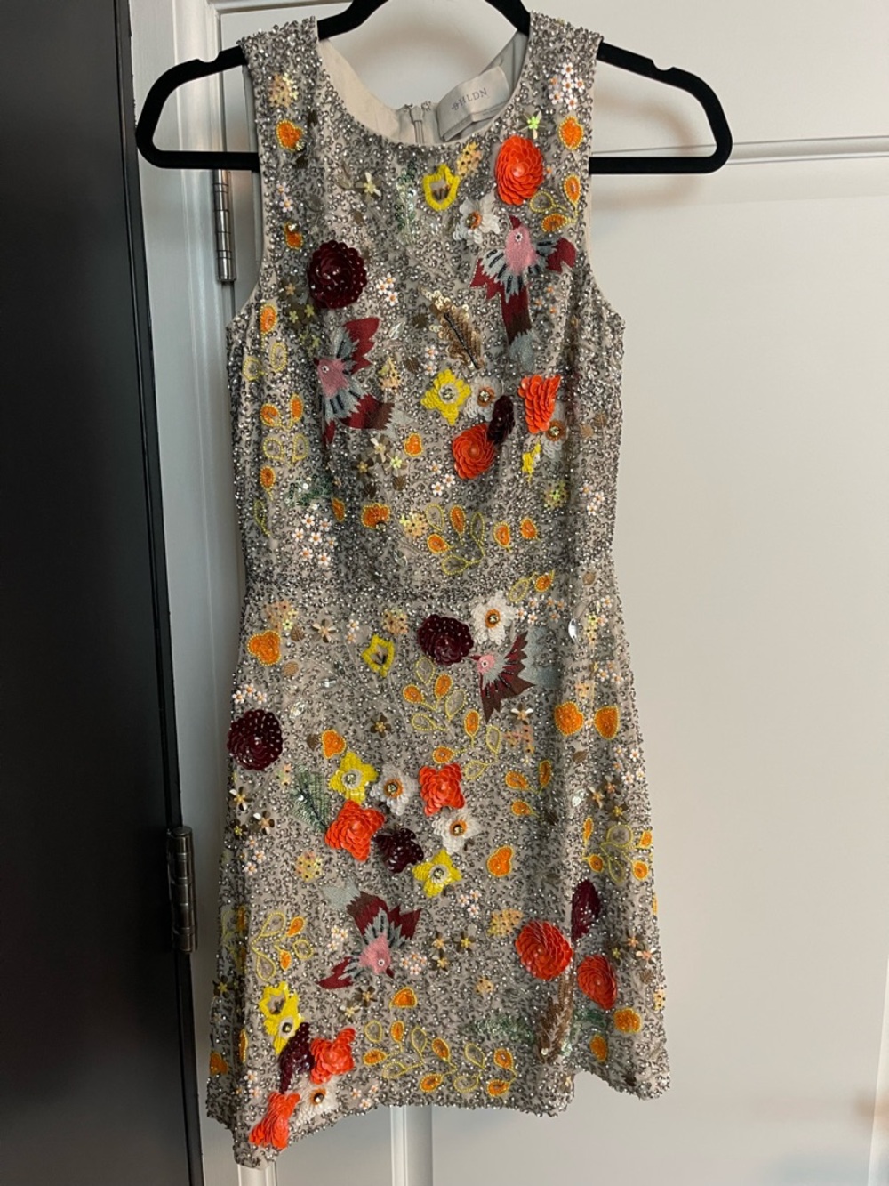 BHLDN Silver Sequin Mini Dress with Multicolor Floral Appliqué